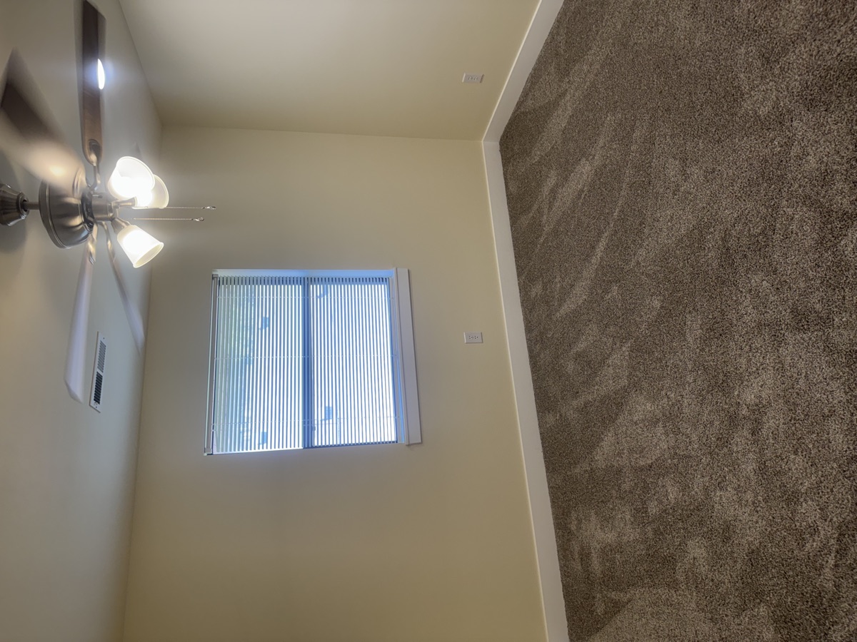 Carpeted bedroom with ceiling fan and large window